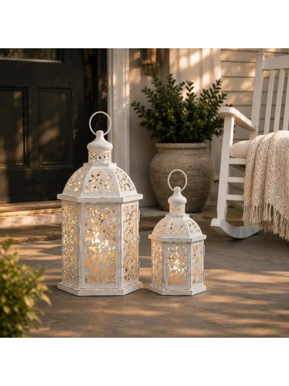 Set of 2 White Metal Lanterns - Decorative Candle Holders for Indoor & Outdoor